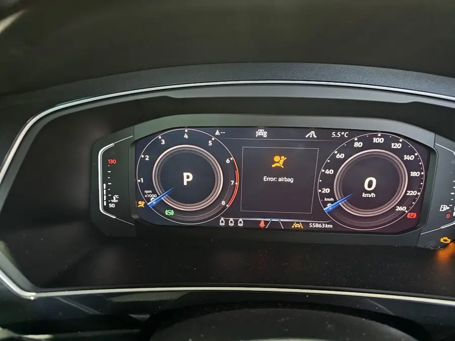 VW instrument cluster showing an airbag warning — SRS module diagnosed on-site